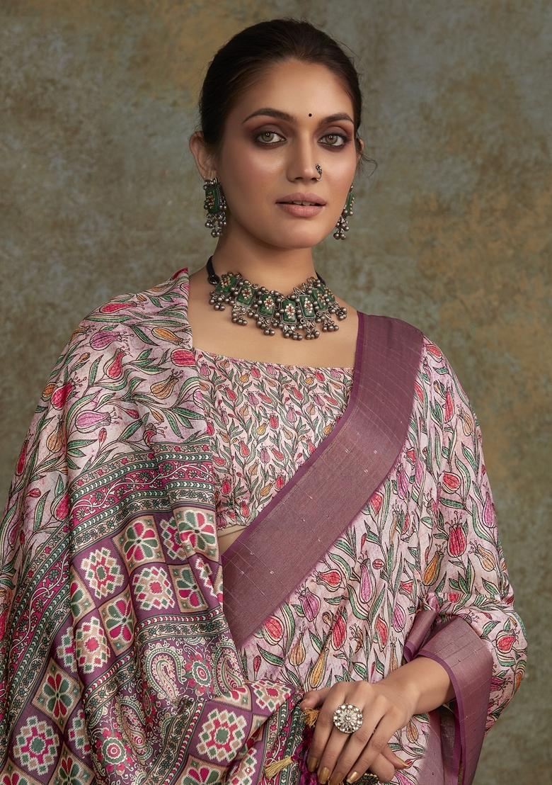 Pink Digital Print Silk Sarees