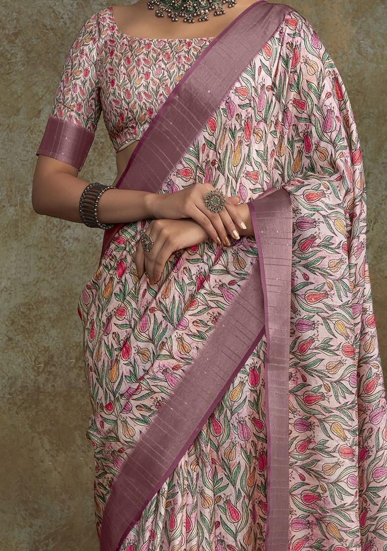Pink Digital Print Silk Sarees