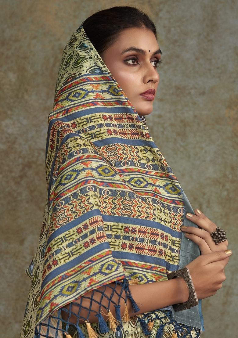 Green Digital Print Silk Sarees