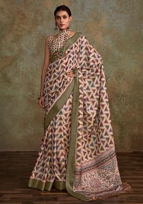 Off White Digital Print Silk Sarees