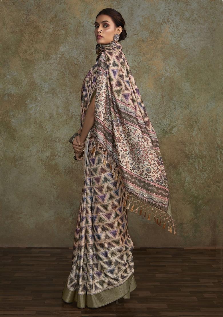 Off White Digital Print Silk Sarees