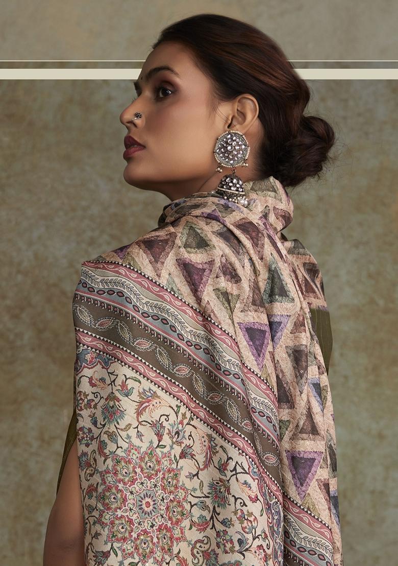 Off White Digital Print Silk Sarees