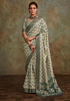 Off White Digital Print Silk Sarees