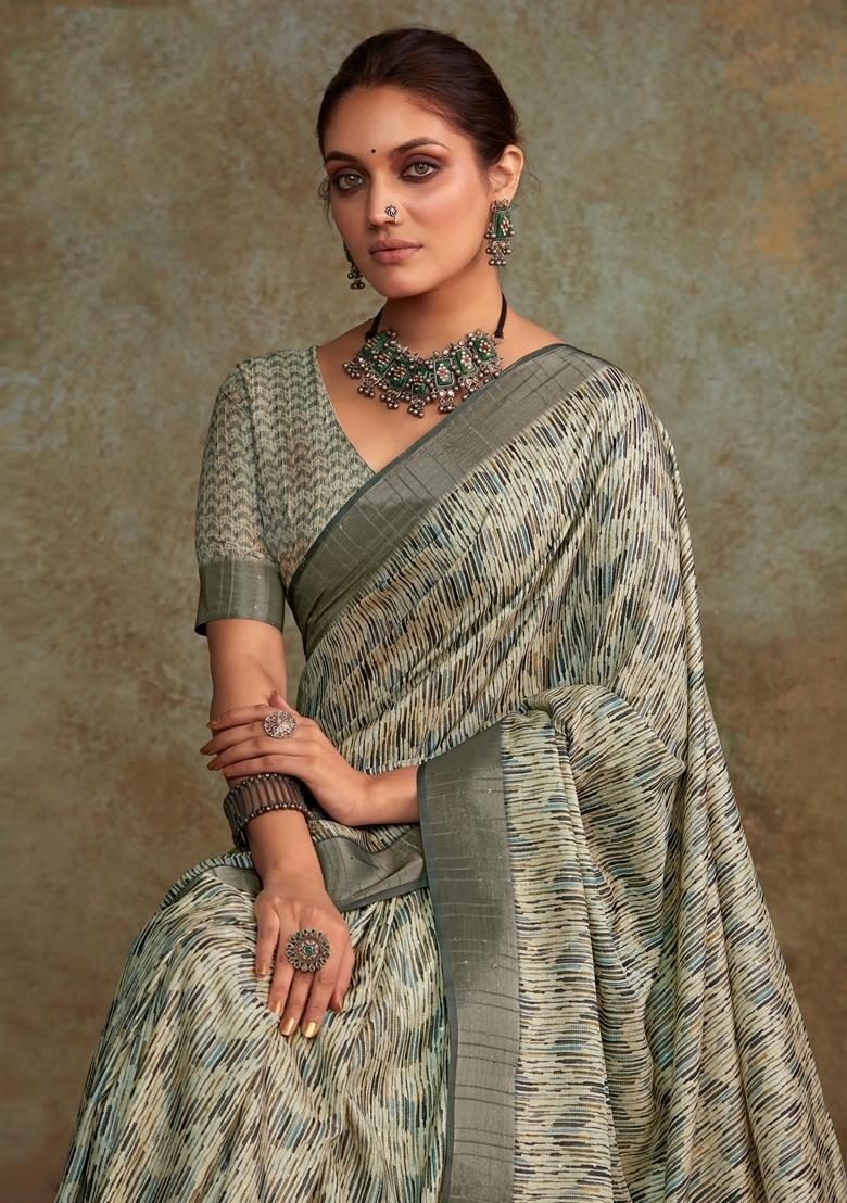 Off White Digital Print Silk Sarees