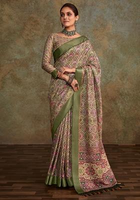 Green Digital Print Silk Sarees