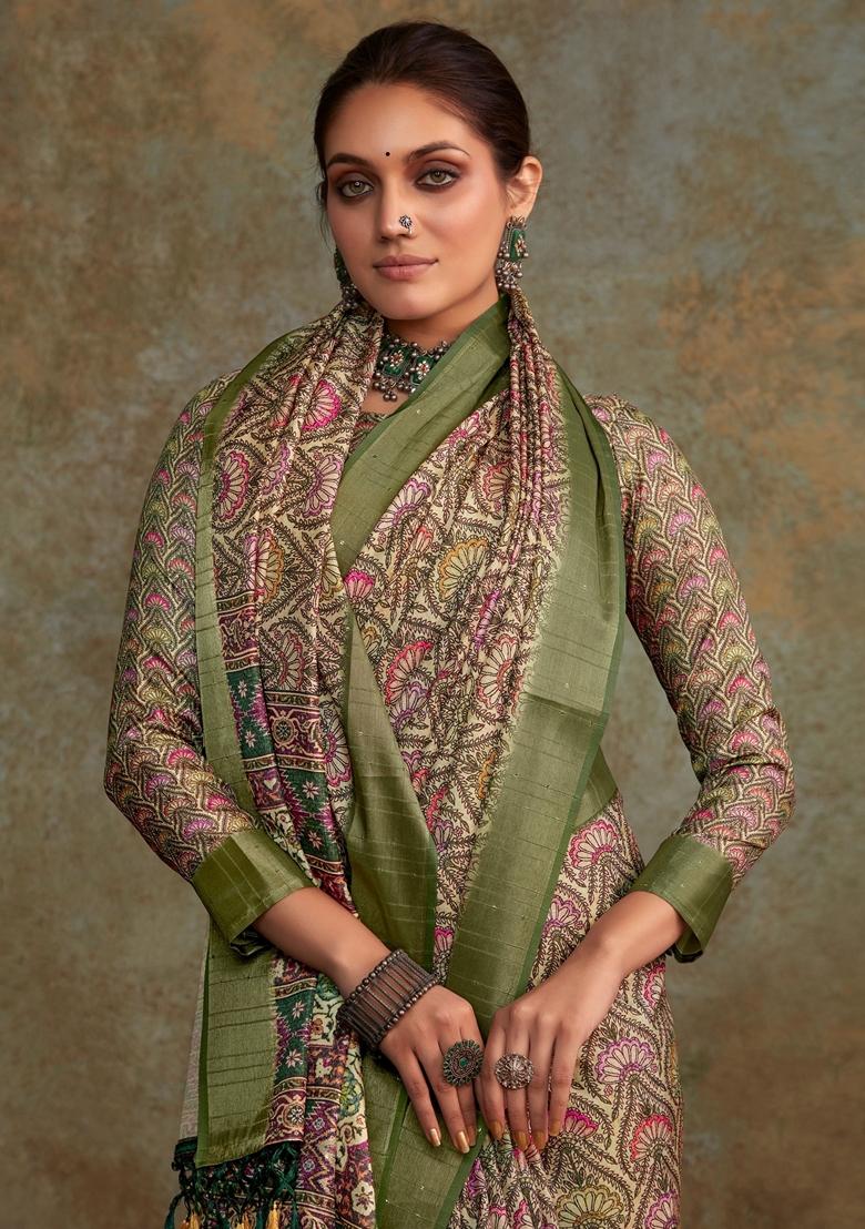 Green Digital Print Silk Sarees