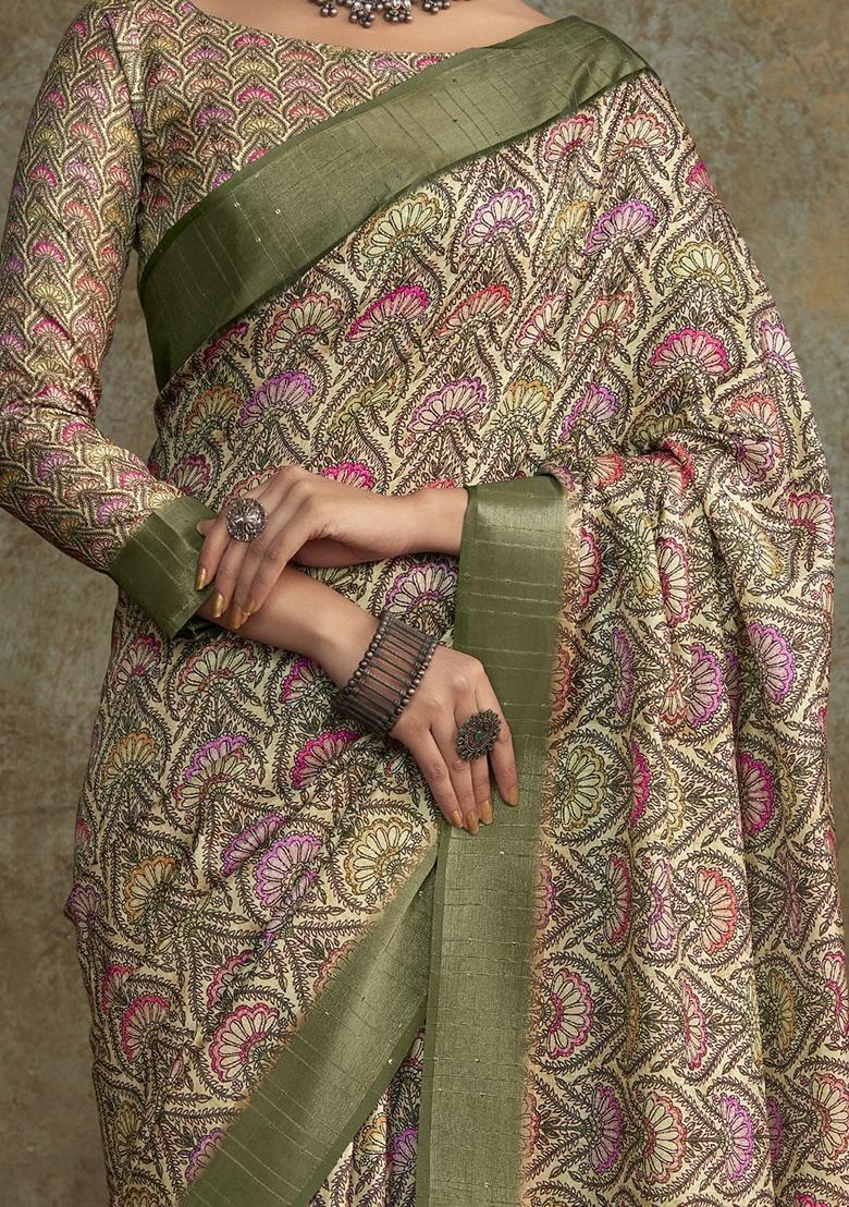 Green Digital Print Silk Sarees
