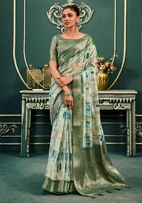 Green Digital Print Cotton Sarees