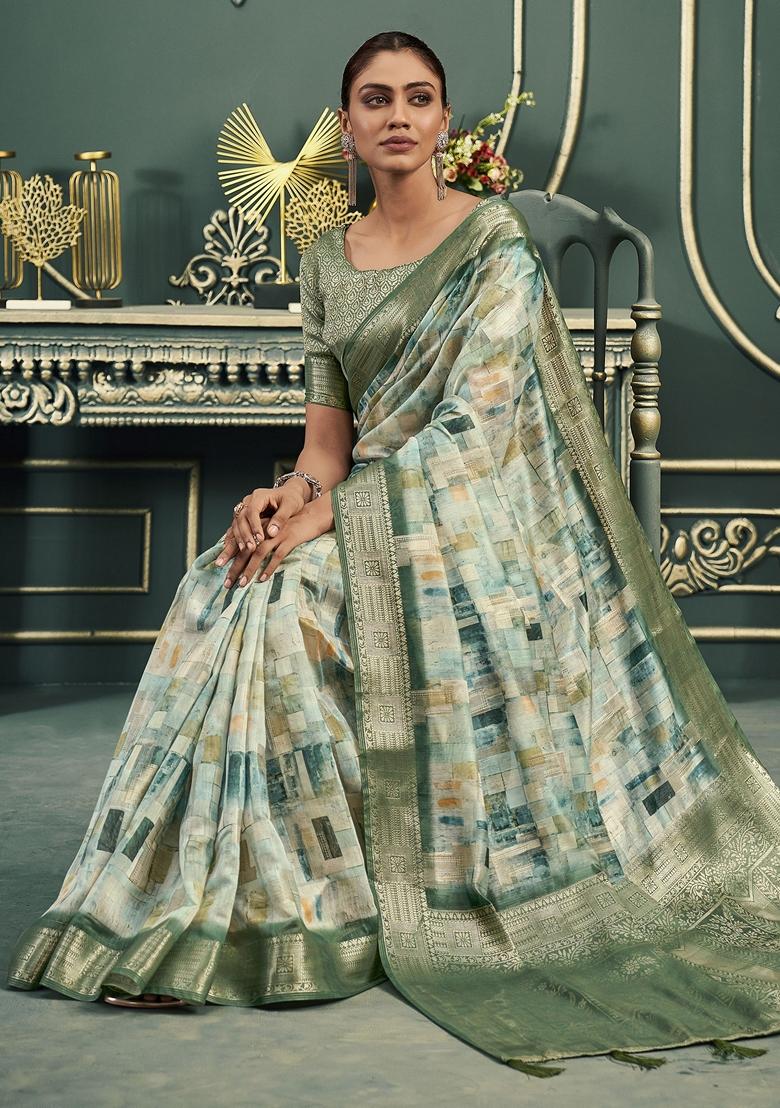 Green Digital Print Cotton Sarees