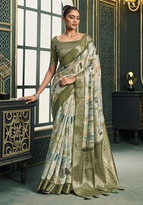 Green Digital Print Cotton Sarees