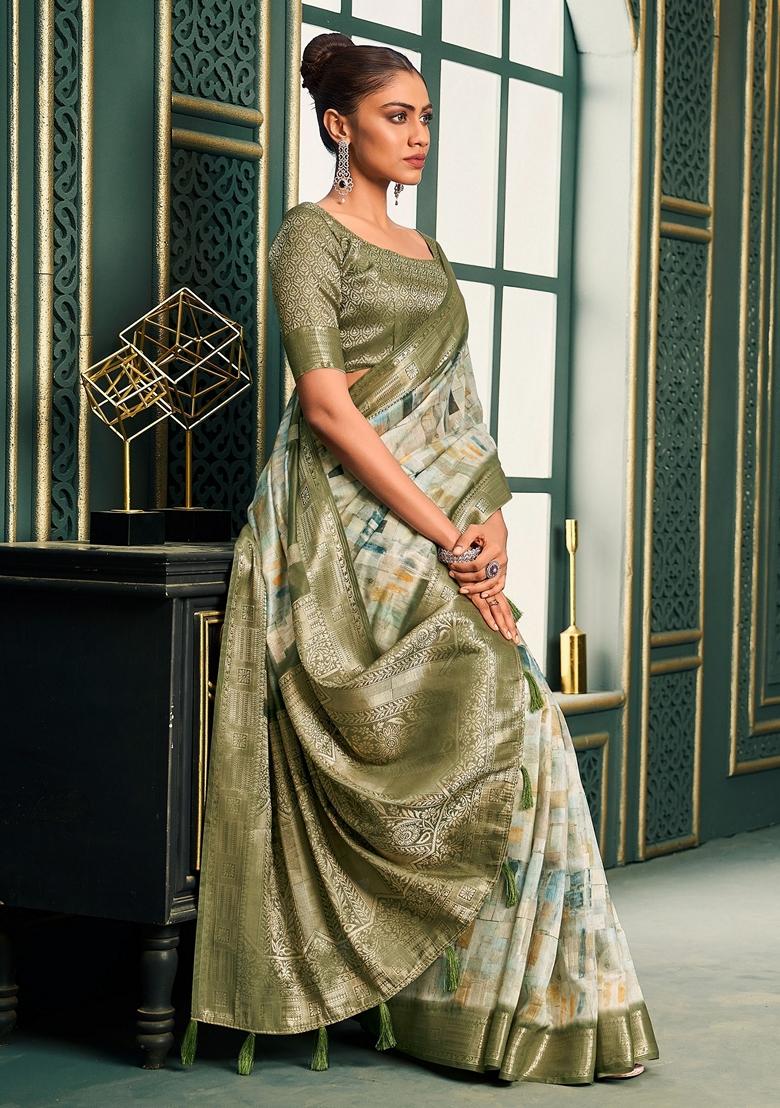 Green Digital Print Cotton Sarees