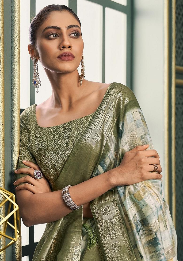 Green Digital Print Cotton Sarees