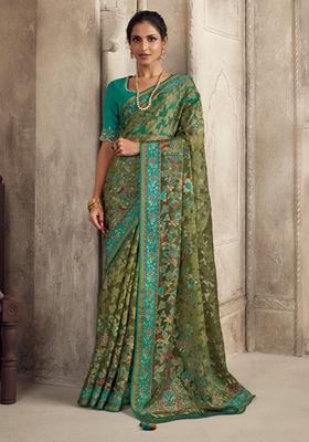 Green Printed Organza Sarees