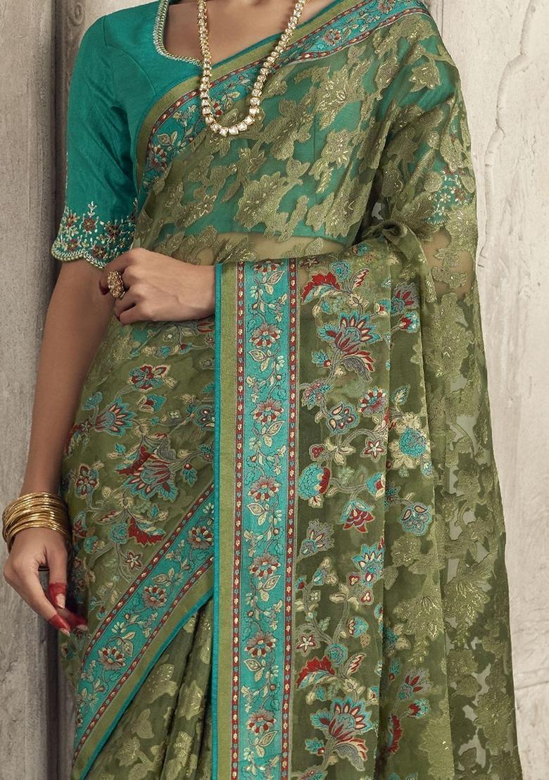 Green Printed Organza Sarees