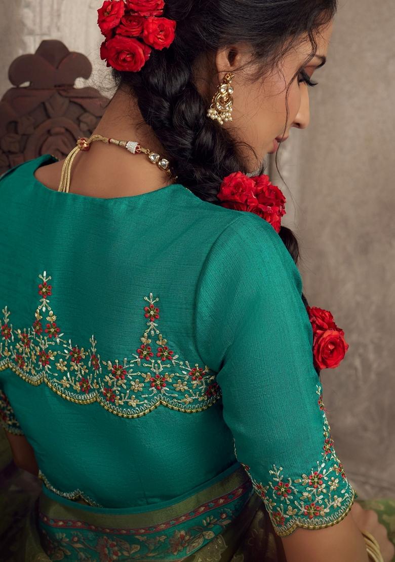 Green Printed Organza Sarees