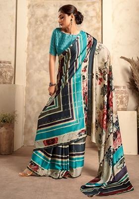 Blue Digital Print Satin Sarees