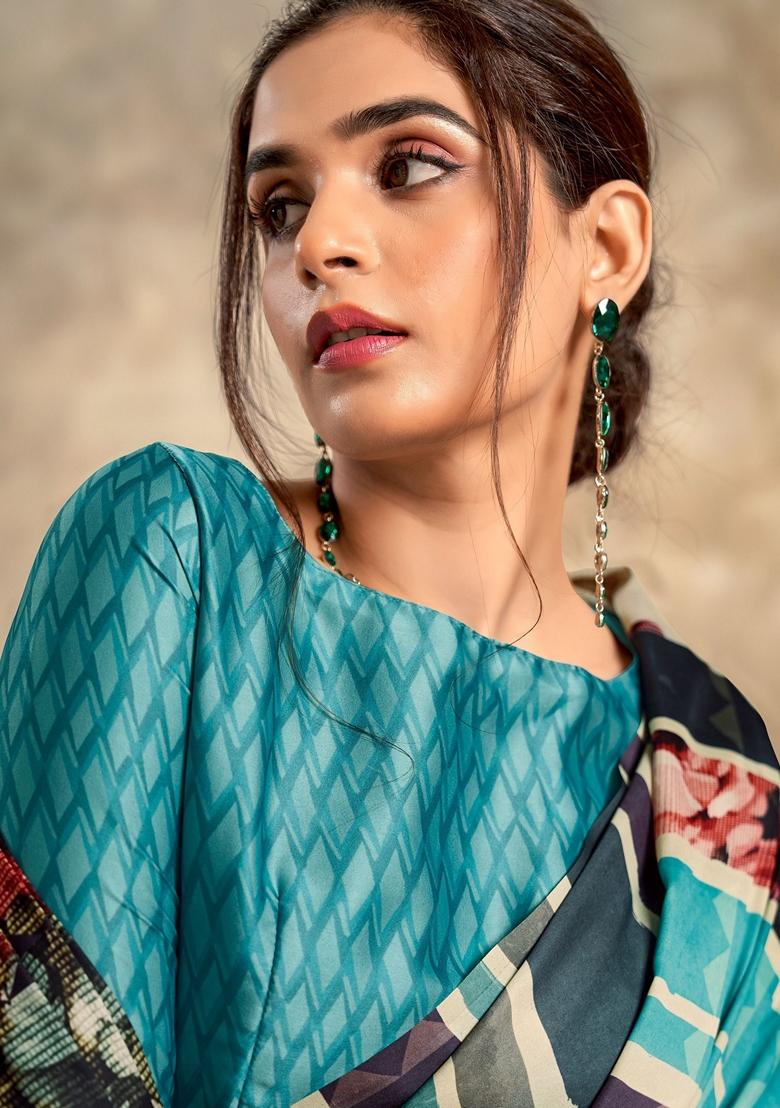 Blue Digital Print Satin Sarees