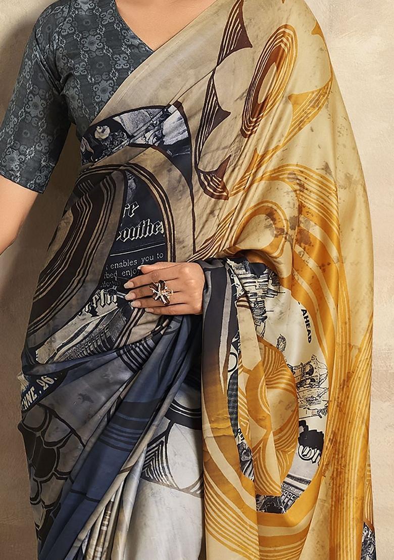 Black Digital Print Satin Sarees
