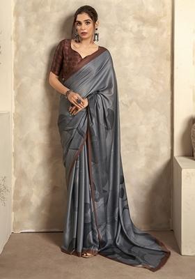 Grey Digital Print Satin Sarees