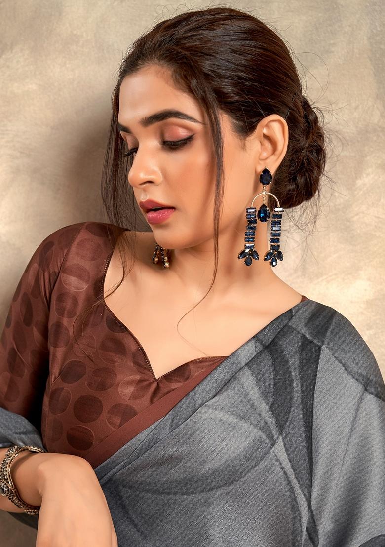 Grey Digital Print Satin Sarees