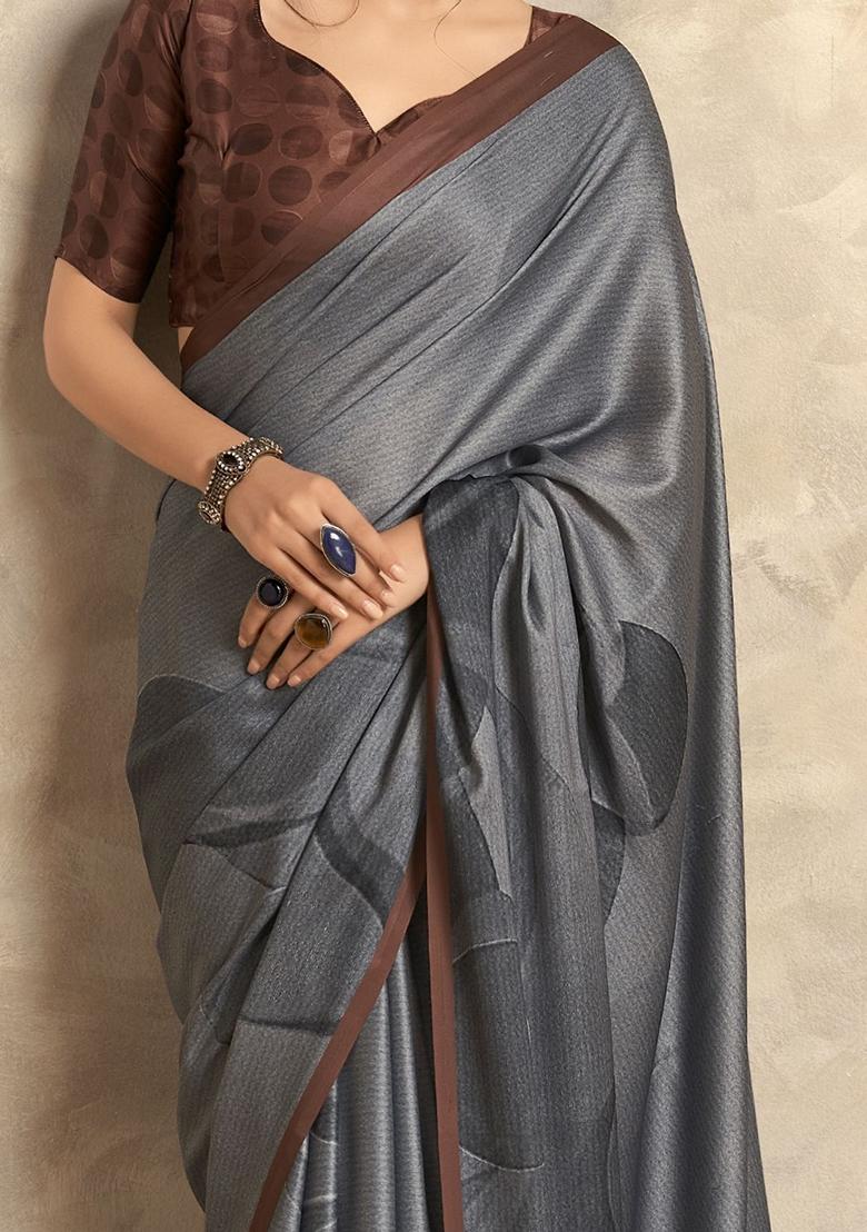 Grey Digital Print Satin Sarees