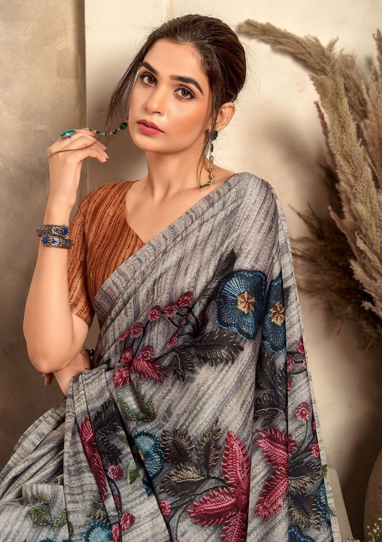 Grey Floral Print Satin Sarees