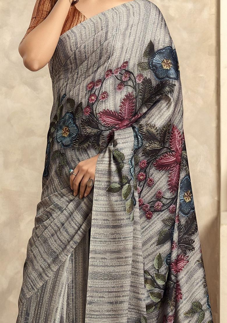 Grey Floral Print Satin Sarees