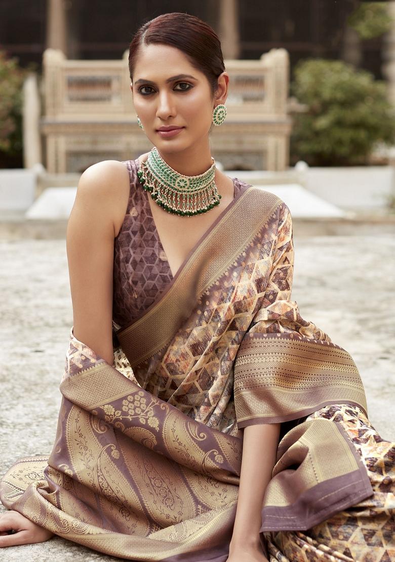 Brown Printed Tissue Silk Sarees