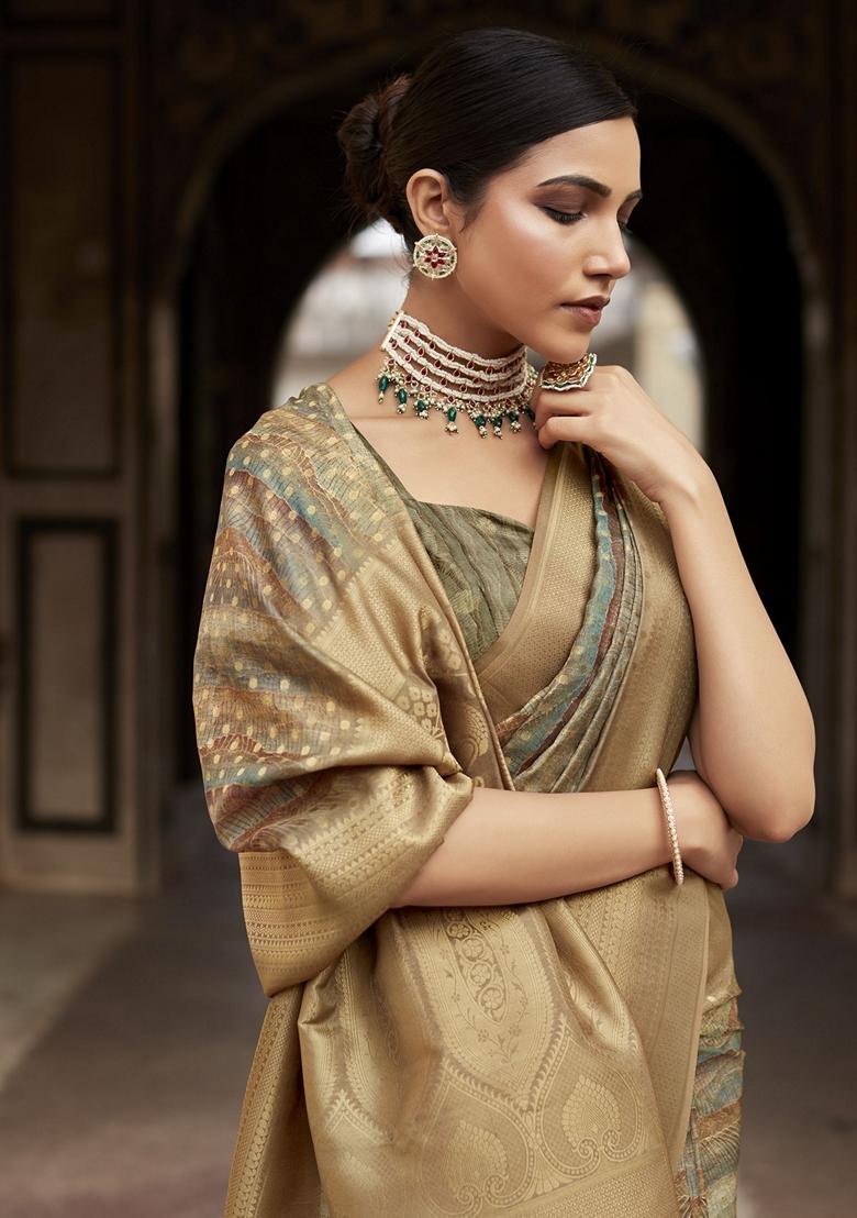 Green Digital Print Tissue Silk Sarees