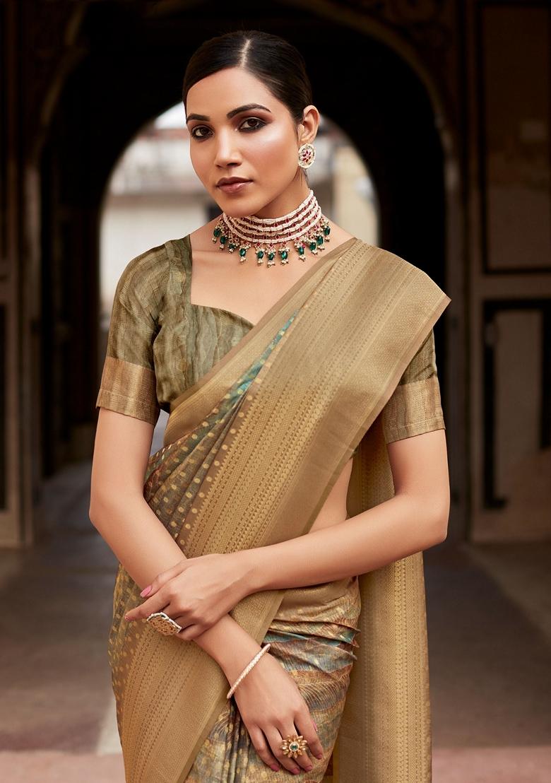 Green Digital Print Tissue Silk Sarees