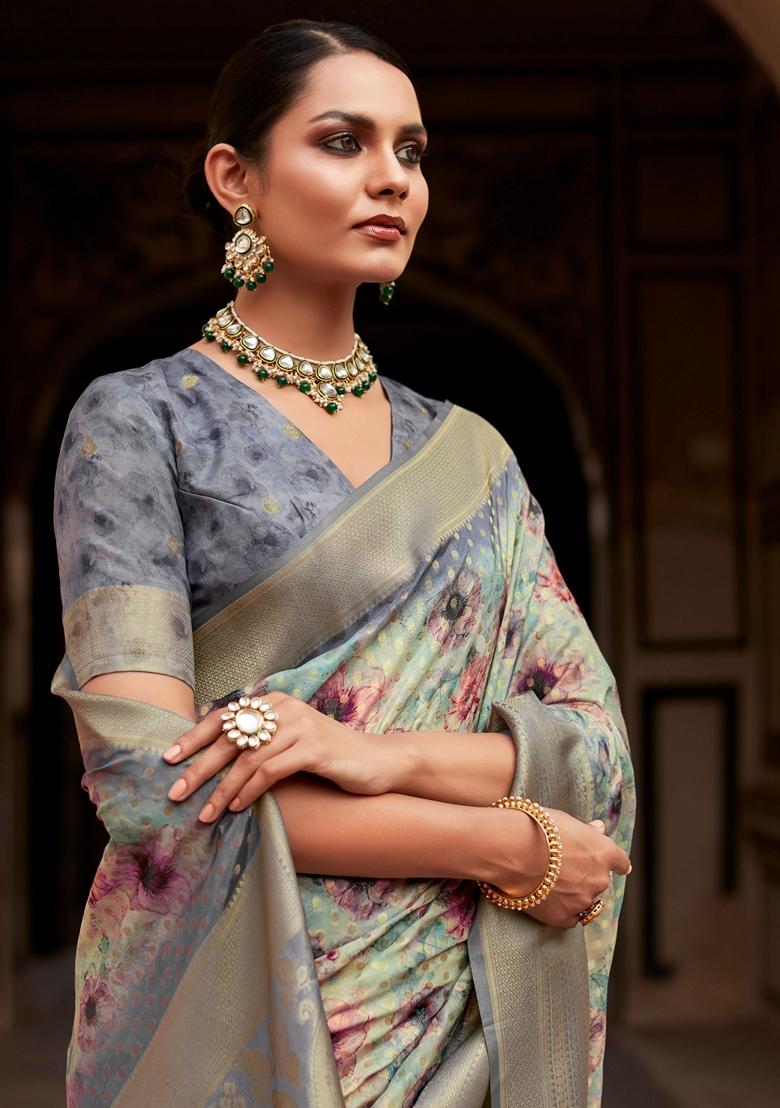 Grey Floral Print Silk Sarees