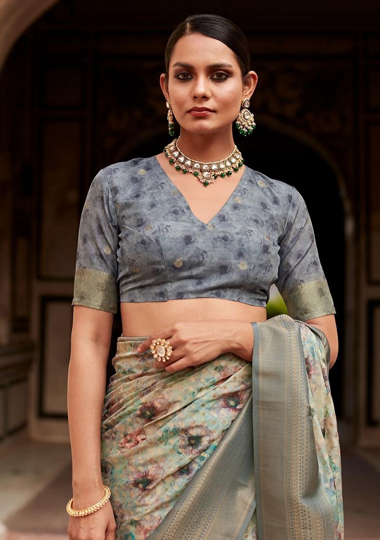 Grey Floral Print Silk Sarees