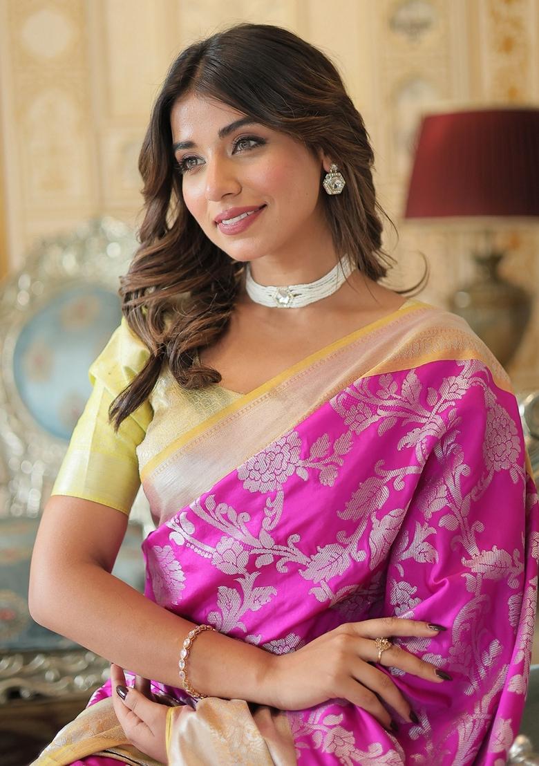 Pink Zari Weaving Silk Sarees