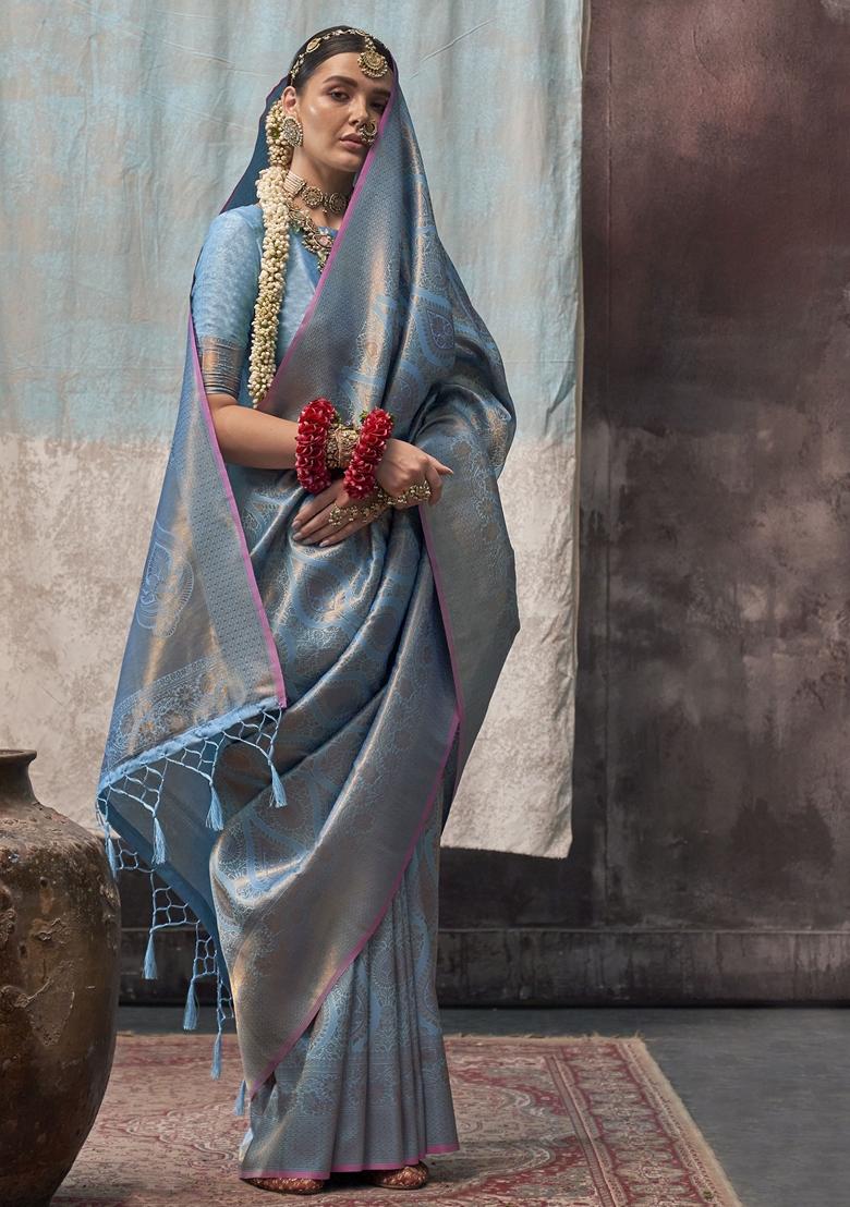 Sky Blue Zari Weaving Silk Sarees