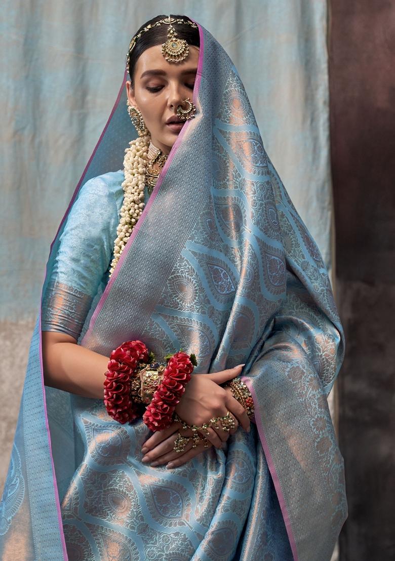 Sky Blue Zari Weaving Silk Sarees