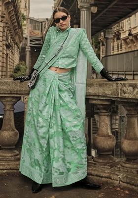 Green Zari Weaving Organza Sarees