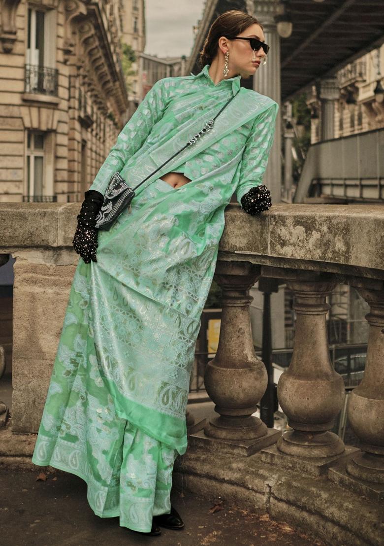 Green Zari Weaving Organza Sarees