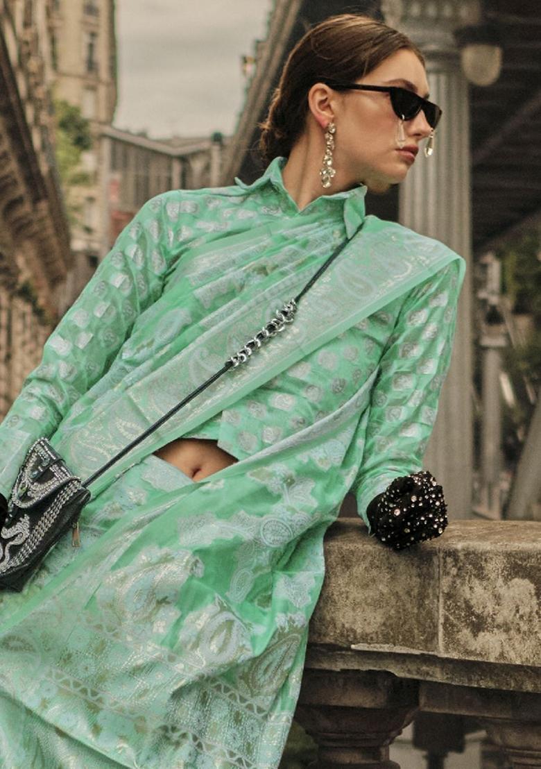 Green Zari Weaving Organza Sarees