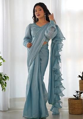 Blue Embroidered Organza Sarees