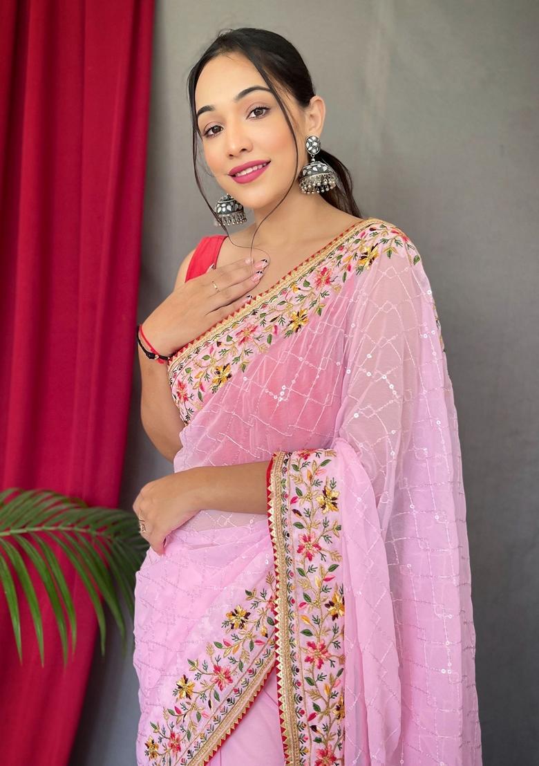 Pink Sequin Embroidered Georgette Sarees