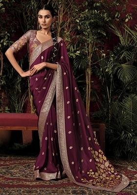 Maroon Zari Weaving Silk Sarees