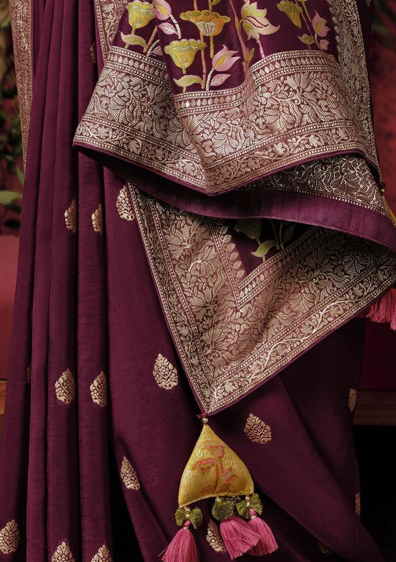 Maroon Zari Weaving Silk Sarees