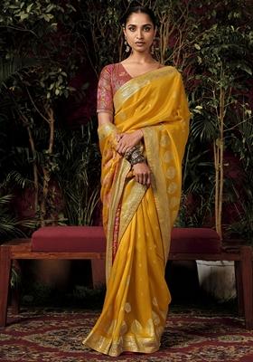 Yellow Zari Weaving Silk Sarees