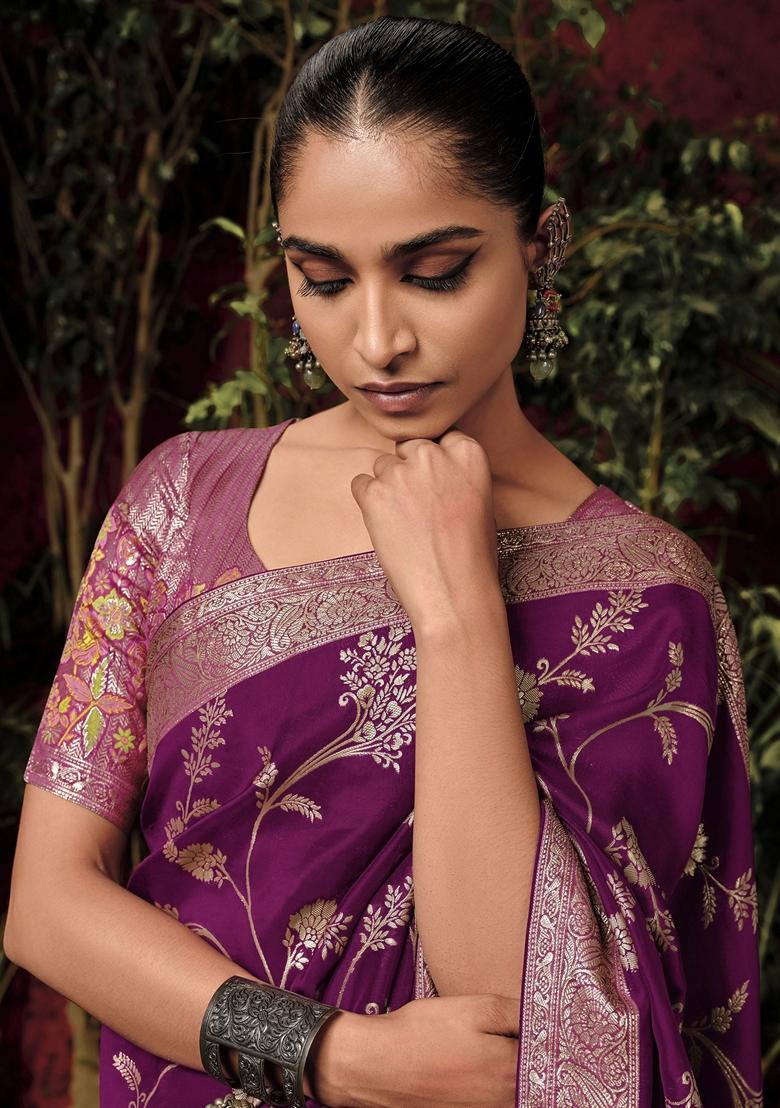 Wine Zari Weaving Silk Sarees