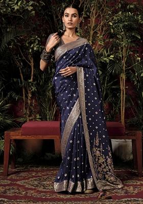 Navy Blue Zari Weaving Silk Sarees