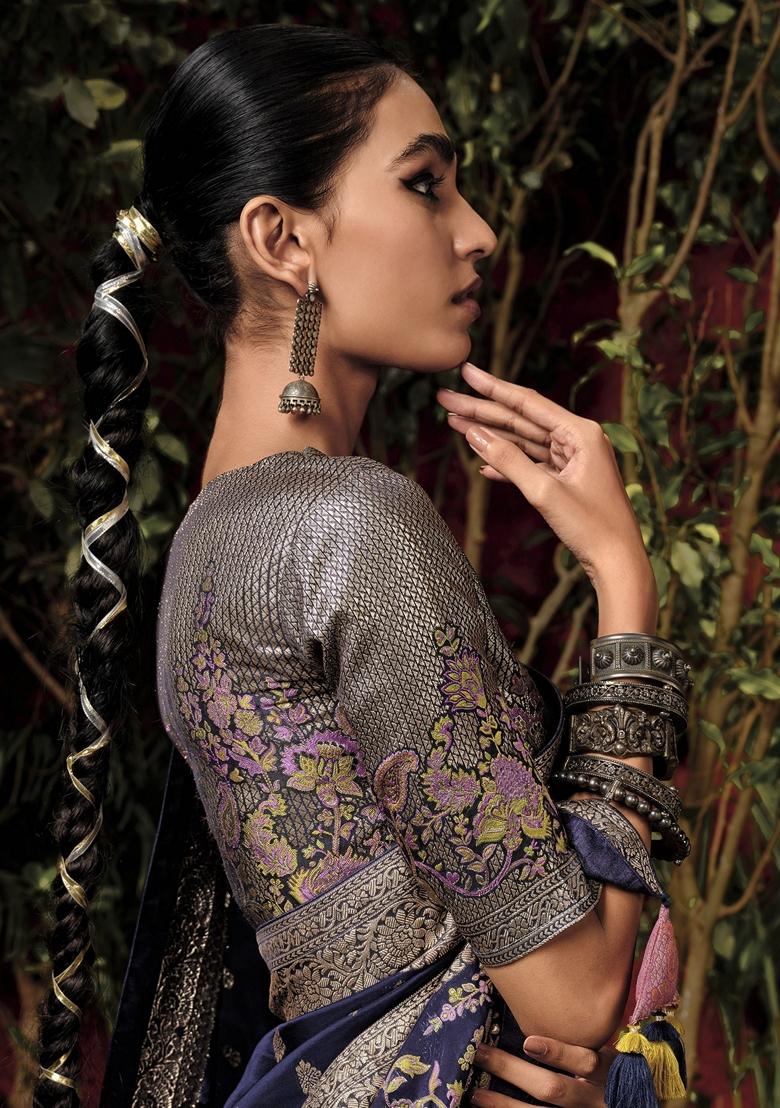 Navy Blue Zari Weaving Silk Sarees