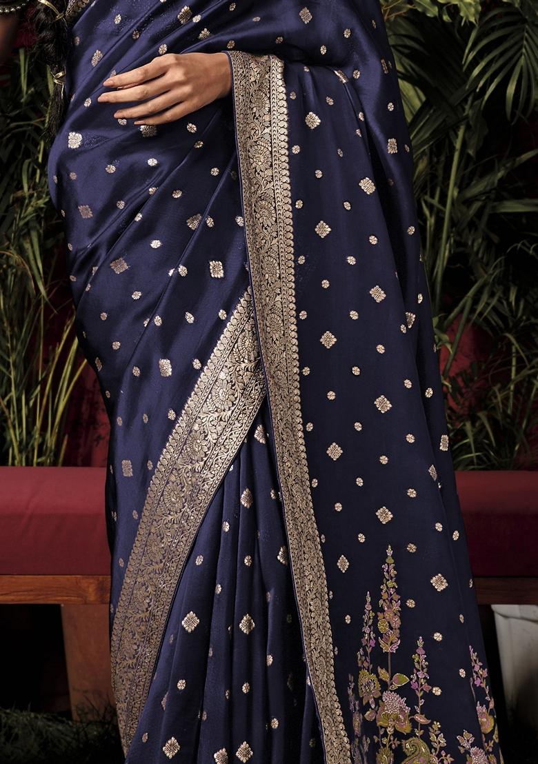 Navy Blue Zari Weaving Silk Sarees