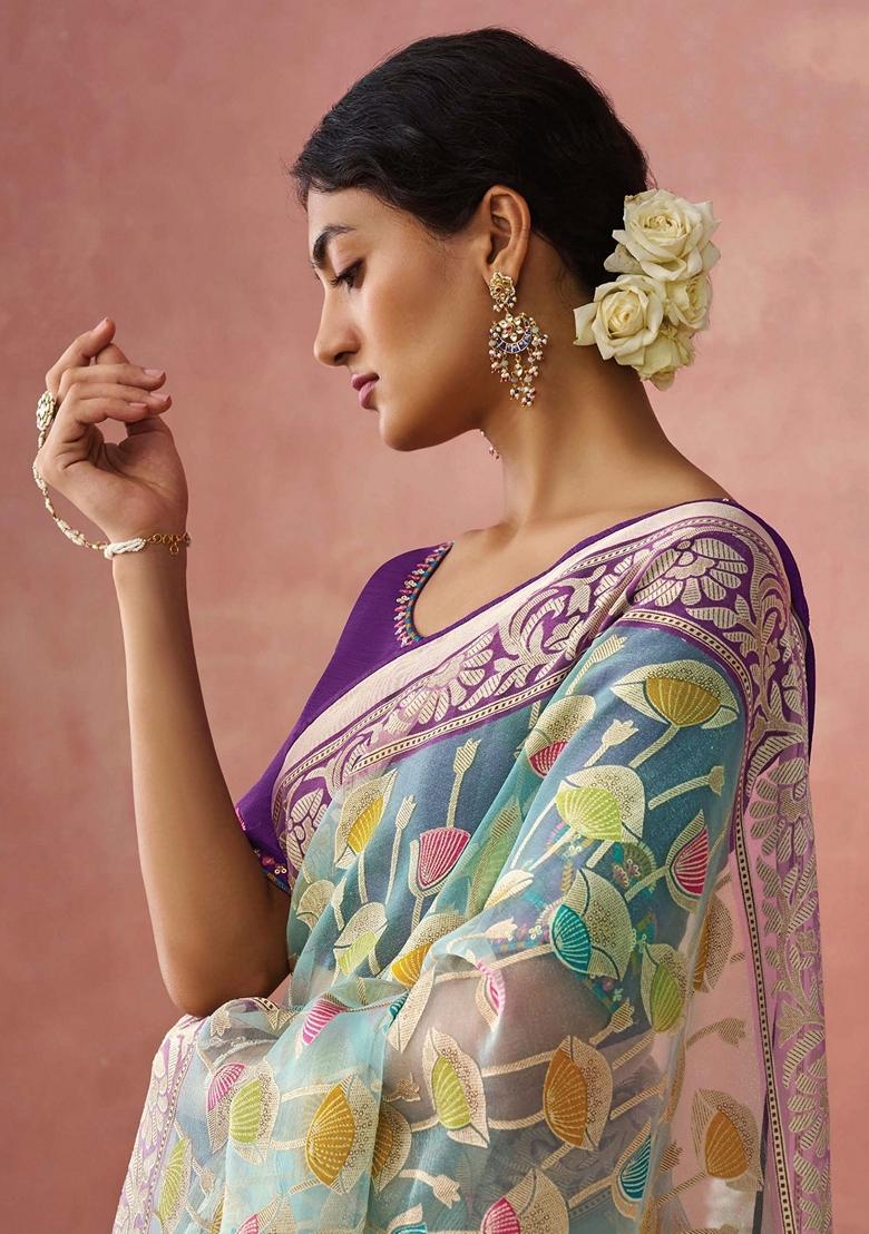 Sky Blue Embroidered Organza Sarees