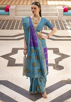 Sky Blue Embroidered Patola Sarees