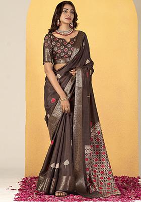Brown Printed Silk Sarees